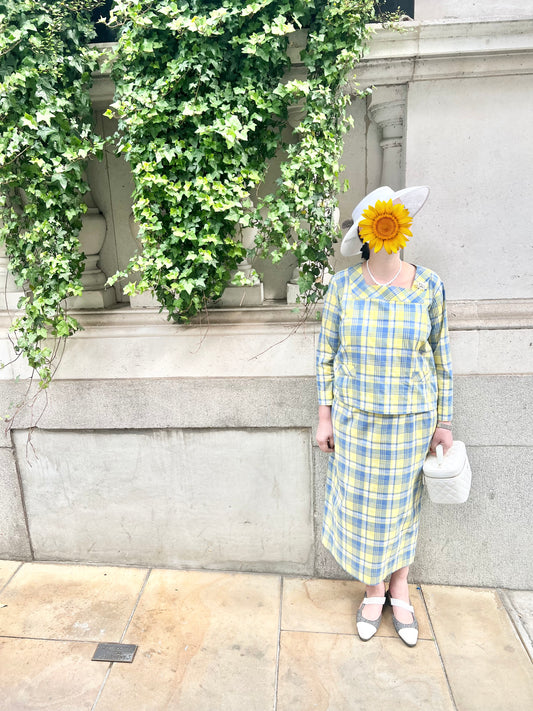 Bright green and yellow plaid check skirt suit!