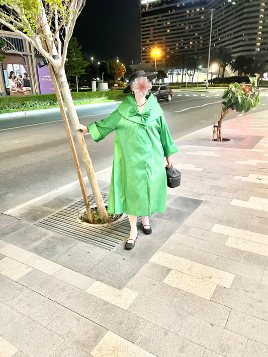PRE-ORDER NEW: Green raw silk raglan swing coat!
