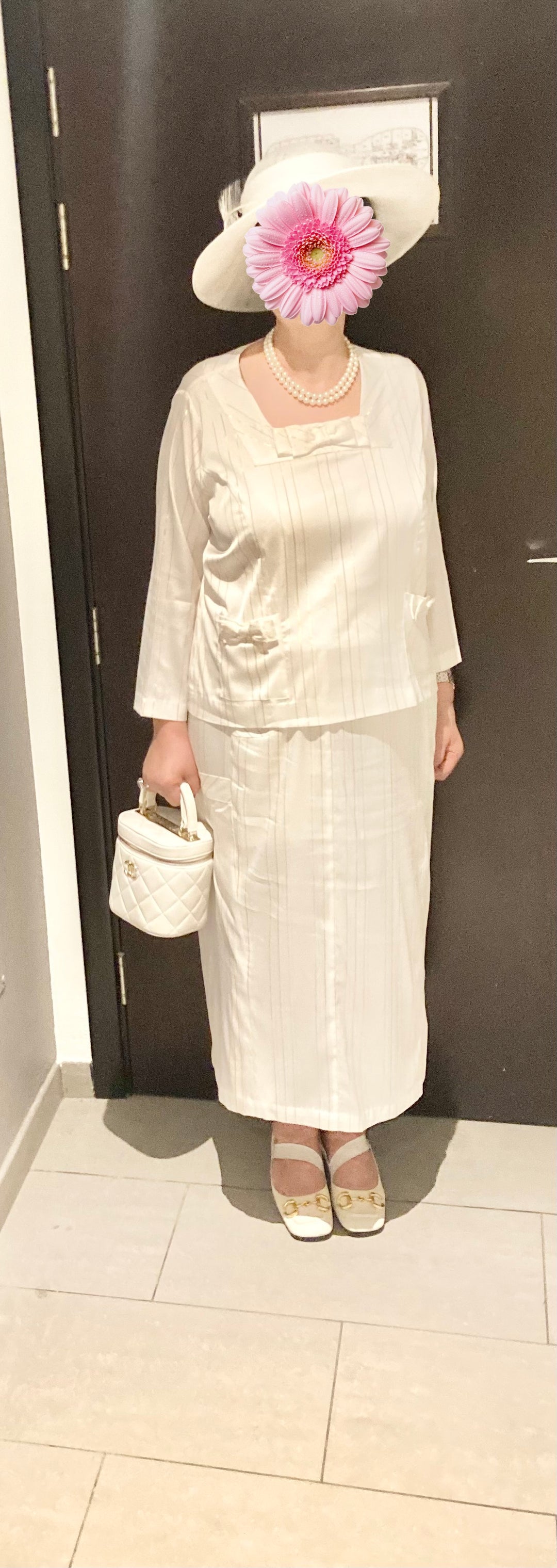 White silk satin skirt suit!